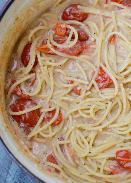 This Garlic Parmesan Pasta is going to become a weeknight favorite! Gluten free pasta is covered in a creamy wine sauce and topped with cherry tomatoes and is ready in only 20 minutes!