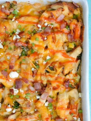 Buffalo Chicken Casserole is packed with spicy buffalo chicken, broccoli, cheddar cheese and bacon! This low carb casserole has under 6 net carbs per serving! 