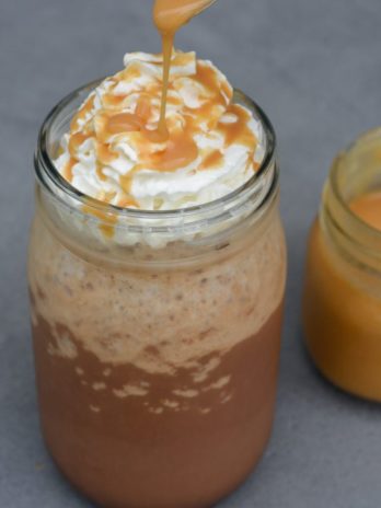 Enjoy this indulgent Salted Caramel Mocha Frappuccino for about 3 net carbs! This sugar free iced coffee is the perfect sweet treat!