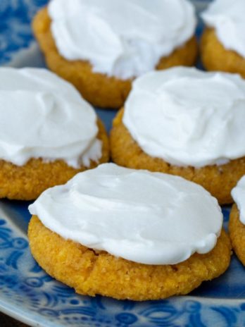 These Pumpkin Sugar Cookies with Cream Cheese Frosting are super indulgent while being low carb, grain and sugar free! Enjoy a a soft, chewy iced pumpkin cookie for just for only 2 net carbs!