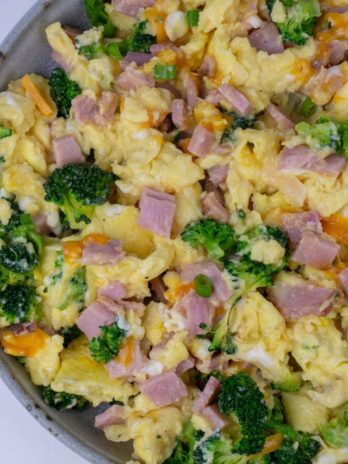 This Ham, Broccoli and Cheese Scramble is a hearty breakfast that will keep you full all day! These fluffy scrambled eggs are the perfect low carb, keto-friendly breakfast!