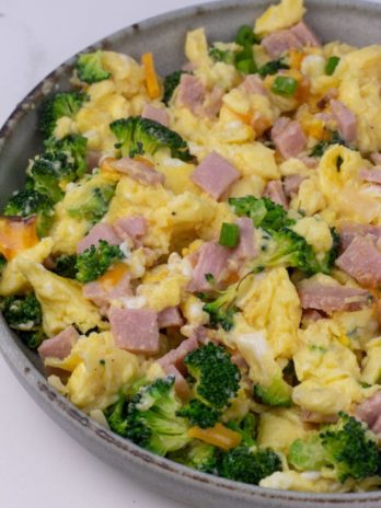 This Ham, Broccoli and Cheese Scramble is a hearty breakfast that will keep you full all day! These fluffy scrambled eggs are the perfect low carb, keto-friendly breakfast!