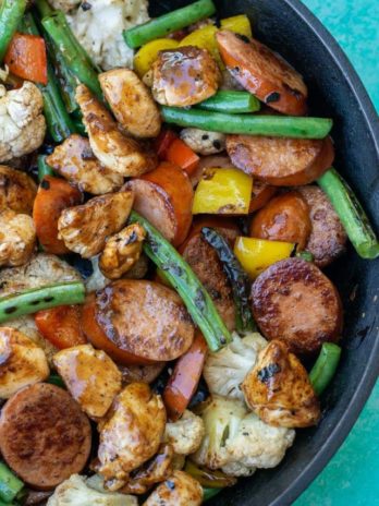 This BBQ Chicken and Smoked Sausage Skillet is the perfect one pan dinner! This meal is loaded with veggies and protein and is about 4 net carbs!