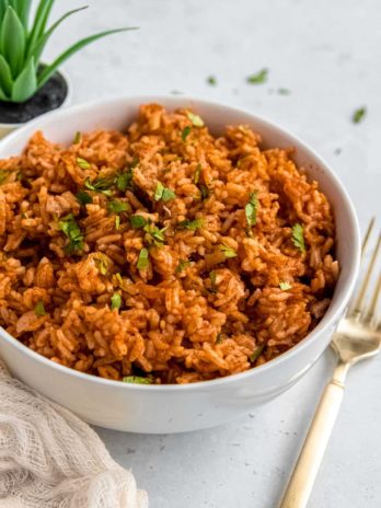 instant pot mexican rice in bowl with fork and napkin