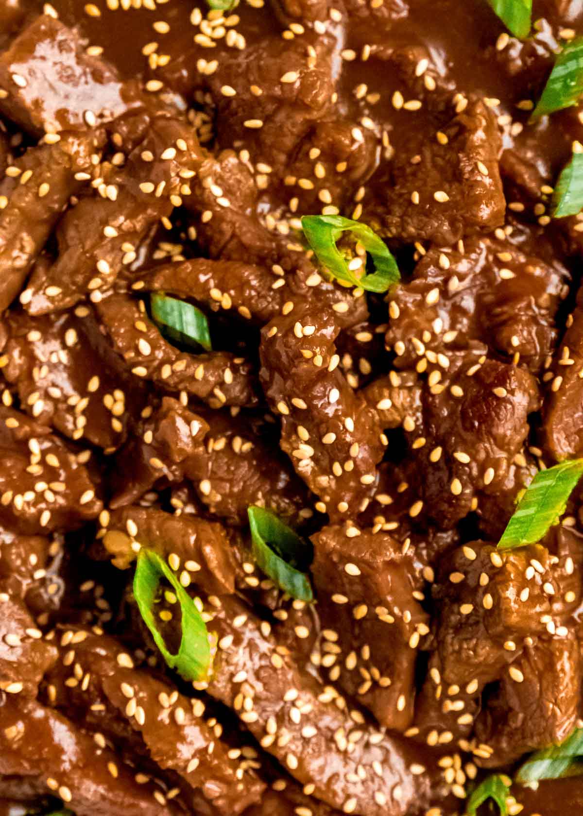 close up shot of mongolian beef with sesame seeds