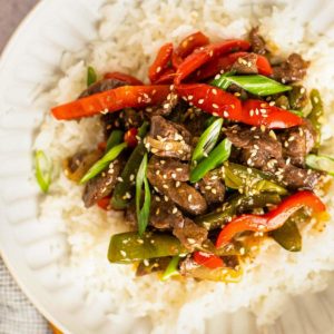 Pepper steak on a plate with rice