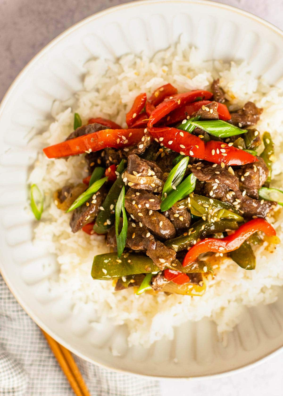 Pepper steak on a plate with rice