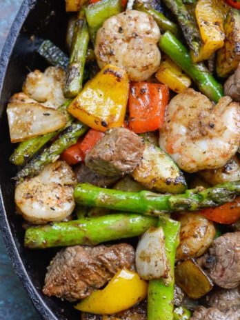 Try this Steak and Shrimp Skillet for an easy, impressive meal! This keto steak recipe is ready in less than 20 minutes and has just 4 net carbs per serving!