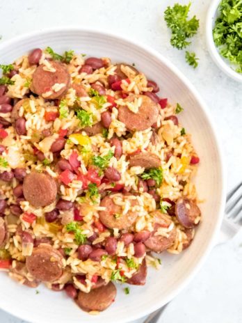 Instant Pot Red Beans and Rice in a white bowl