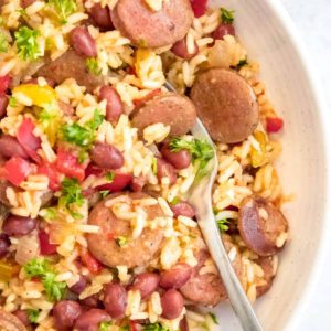 Instant Pot Red Beans and Rice in a white bowl