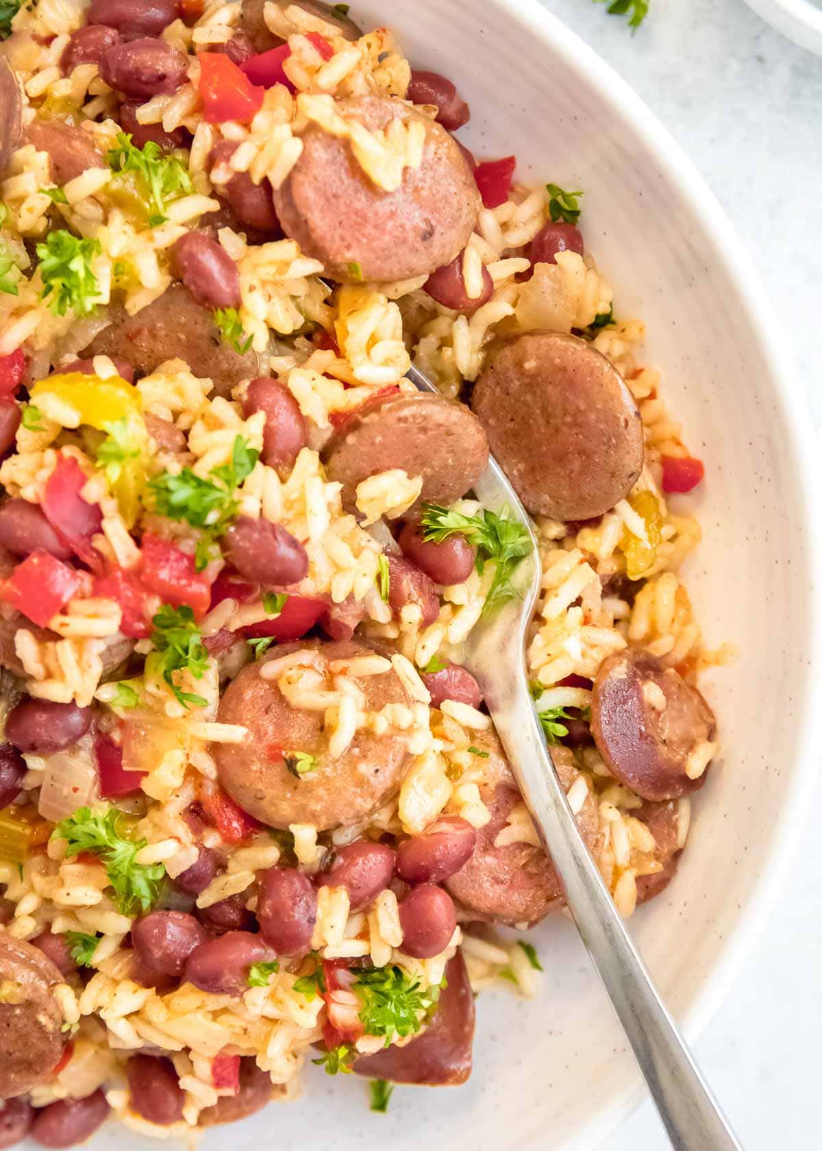 Instant Pot Red Beans and Rice in a white bowl