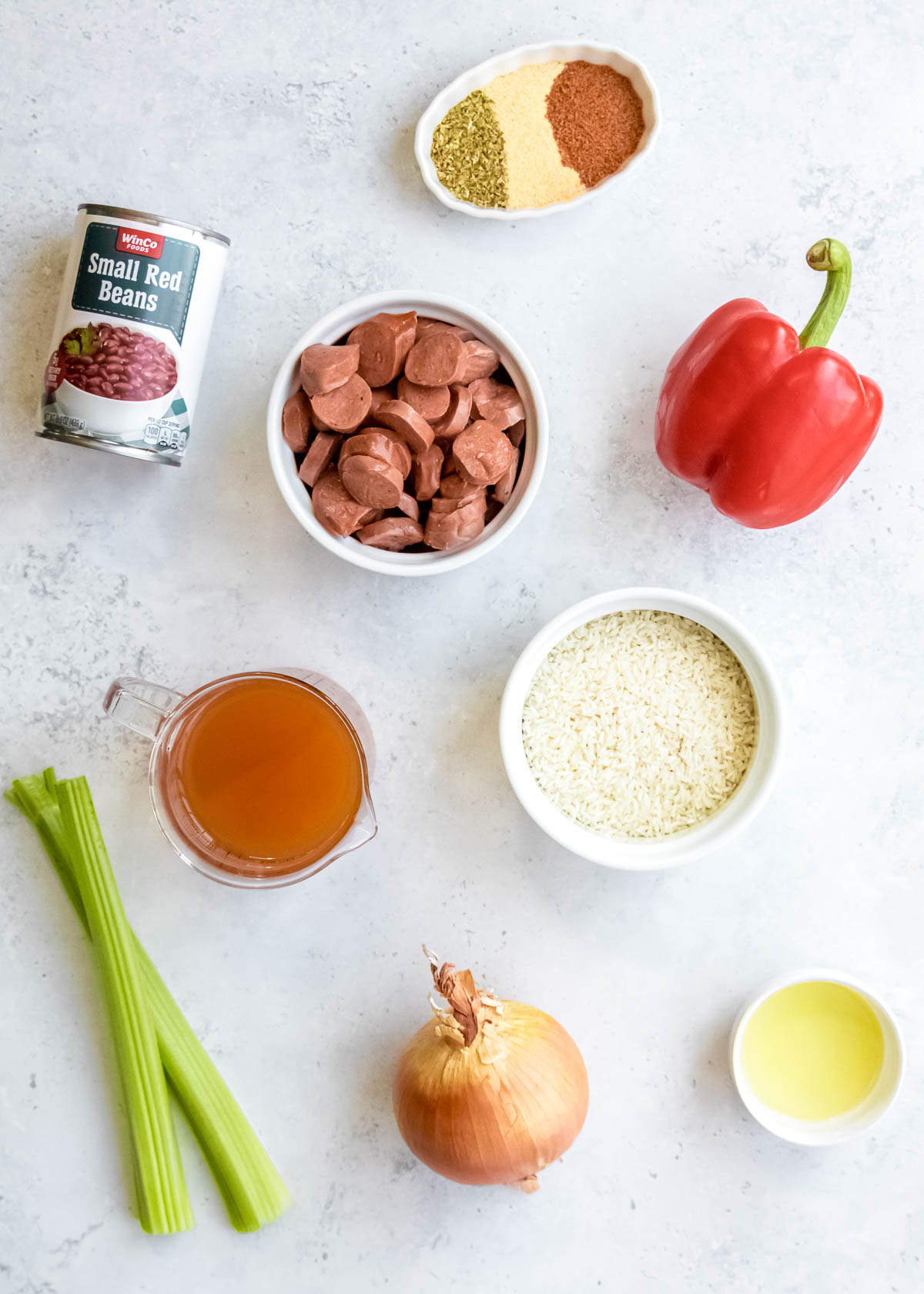 instant pot red beans and rice ingredients on a white table