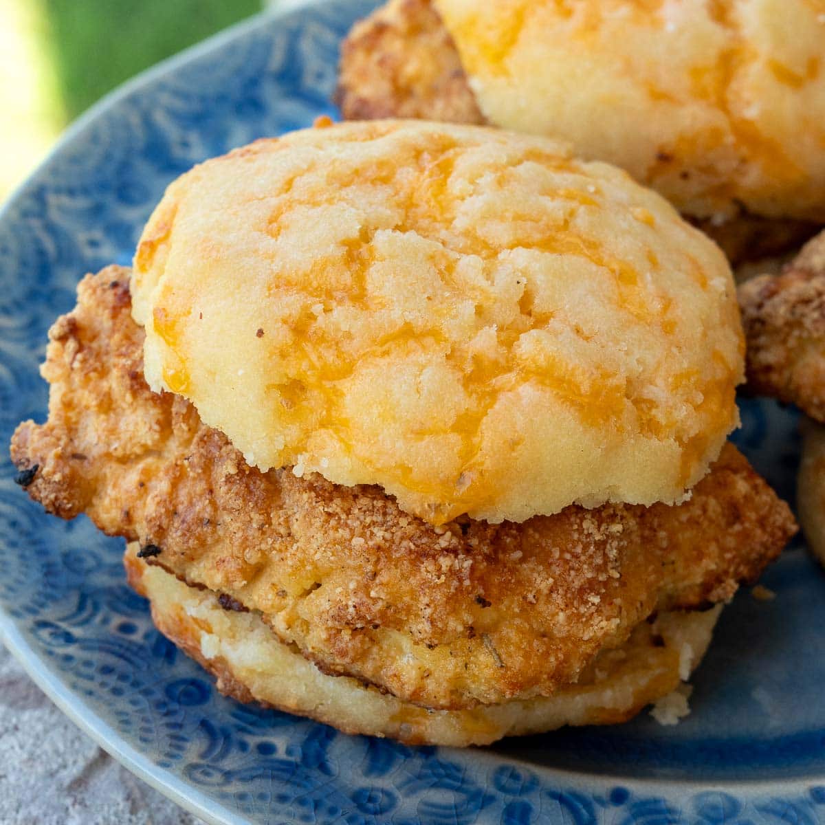 closeup of chicken and biscuits