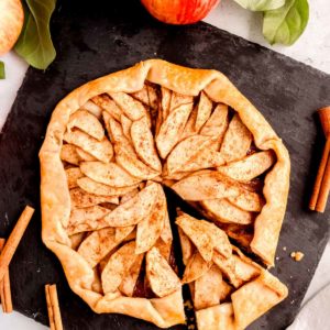 easy apple galette sliced on a cutting board