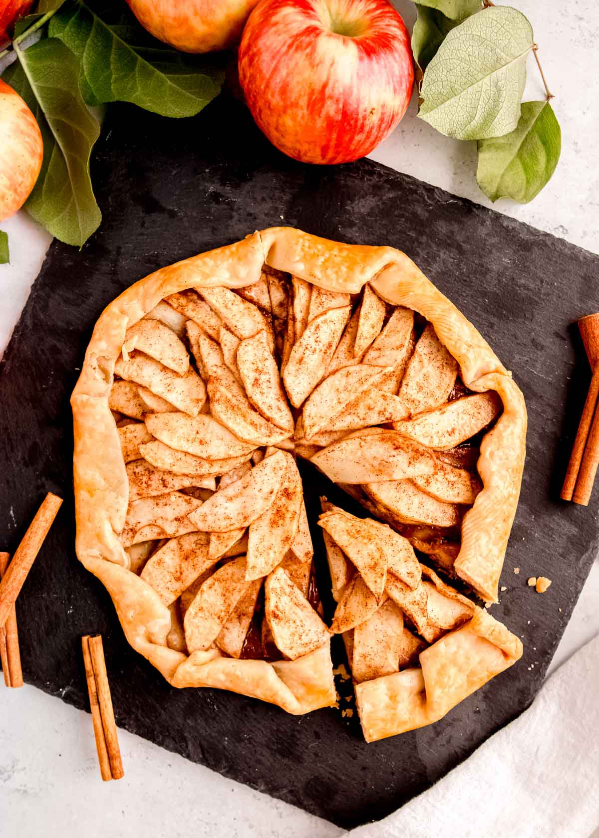 easy apple galette sliced on a cutting board