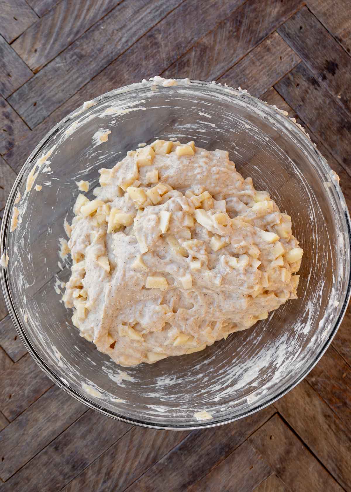 an overhead shot of apple fritter batter