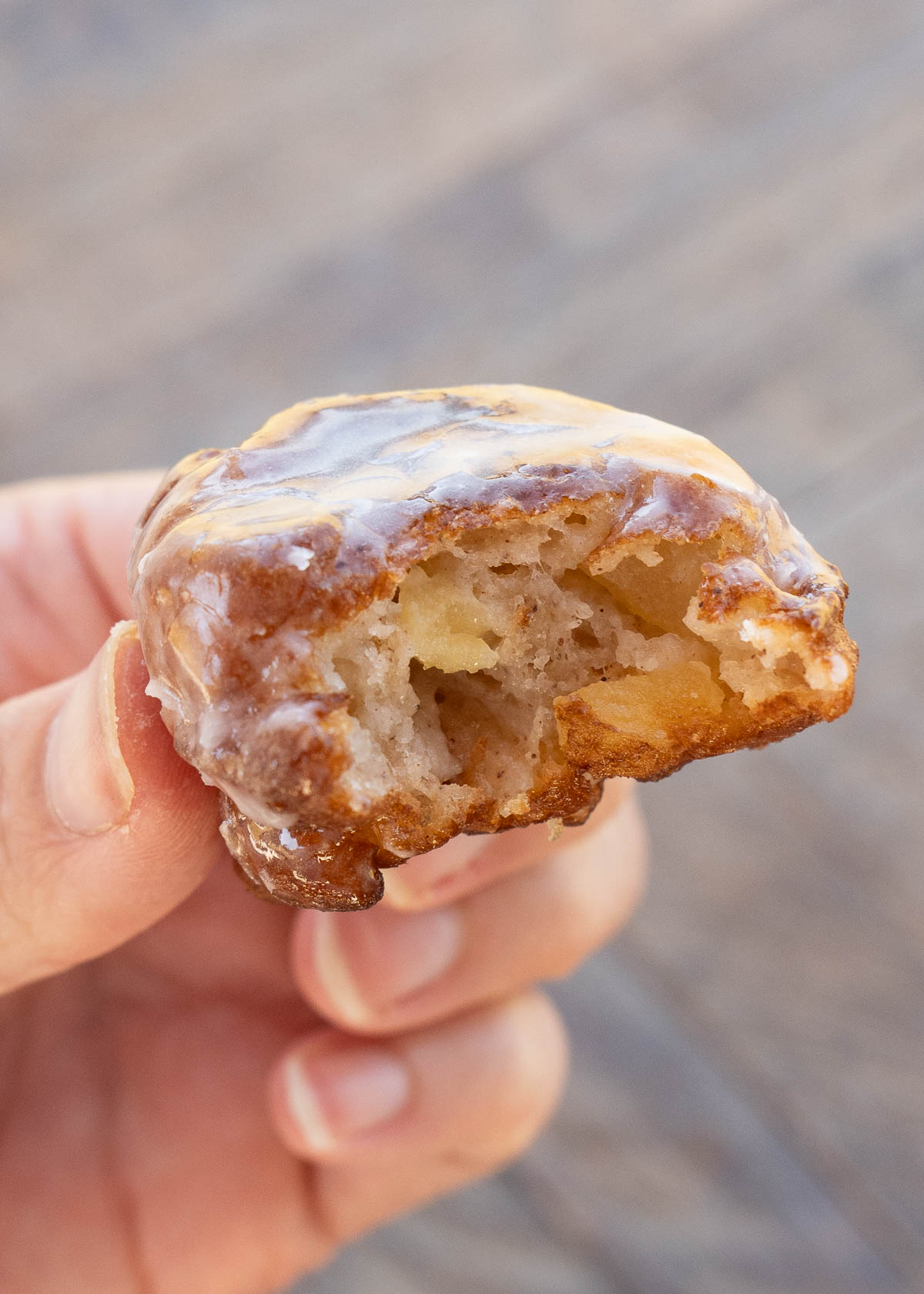 a closeup of the inside of an apple fritter