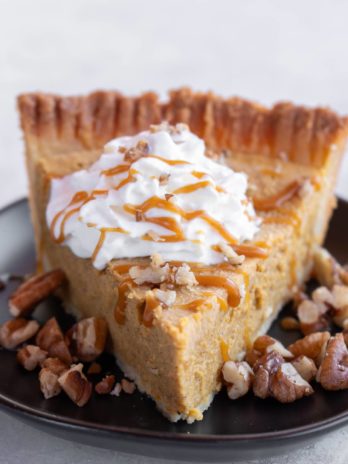 A close up shot of gluten free pumpkin pie