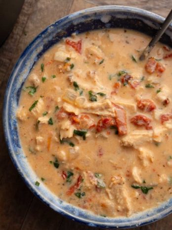 a closeup of creamy chicken soup in a blue bowl