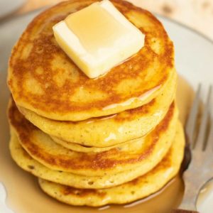 close up overhead image of almond flour pancakes