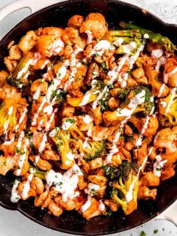 close up, overhead image of buffalo chicken skillet