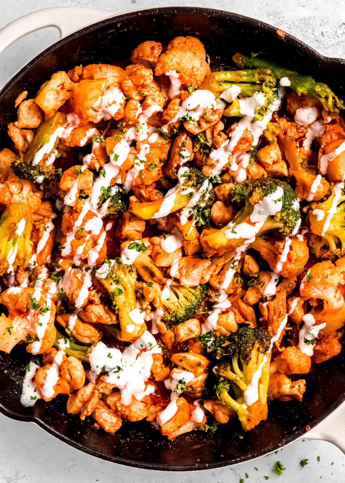 close up, overhead image of buffalo chicken skillet