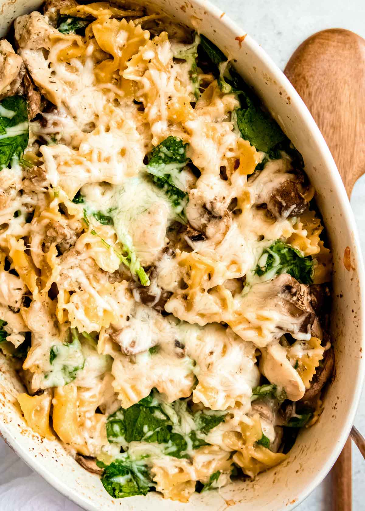 closeup of baked chicken and mushroom pasta with healthy spinach and creamy cheese