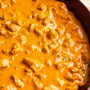 close up overhead image of butter chicken