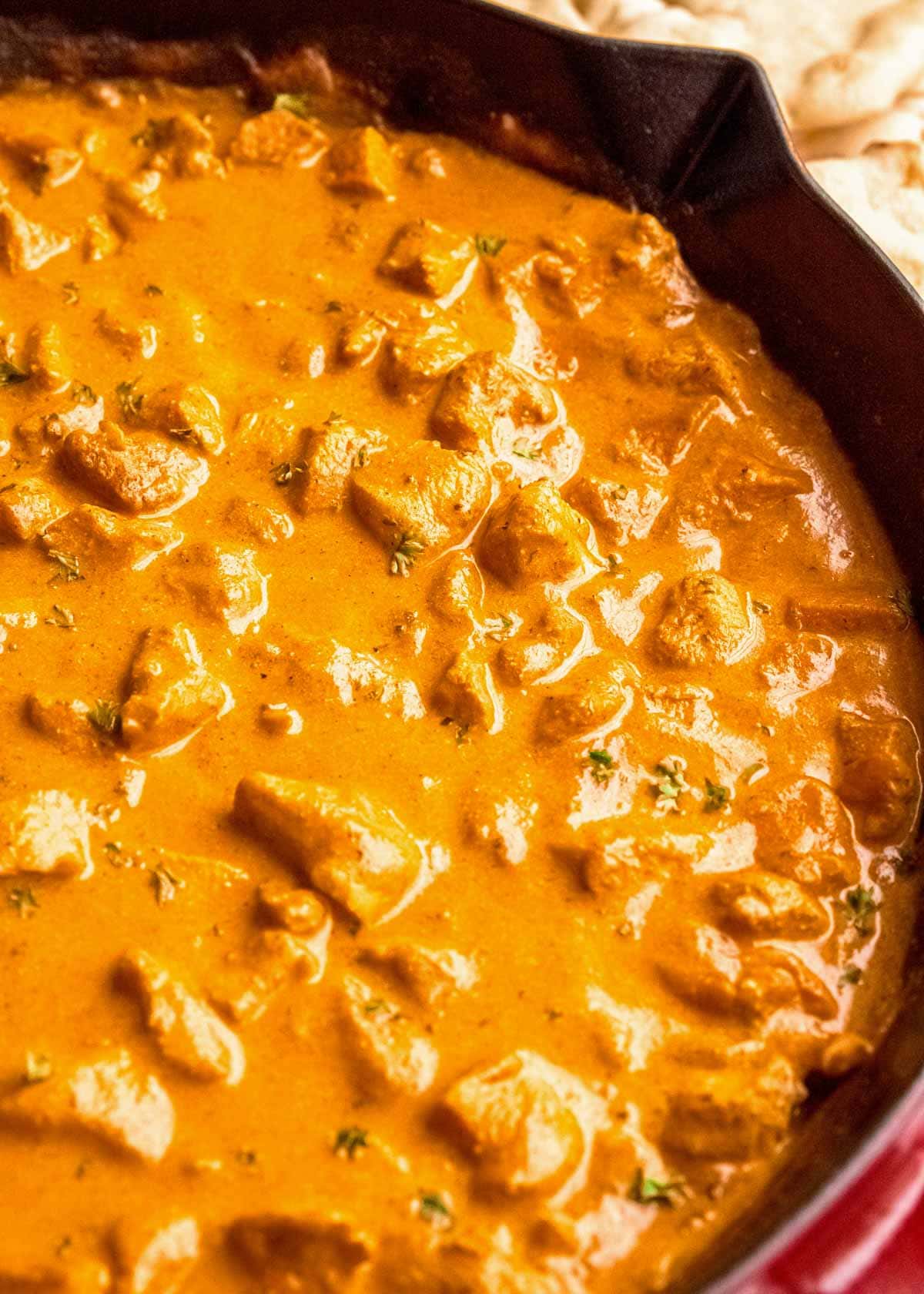 close up overhead image of butter chicken