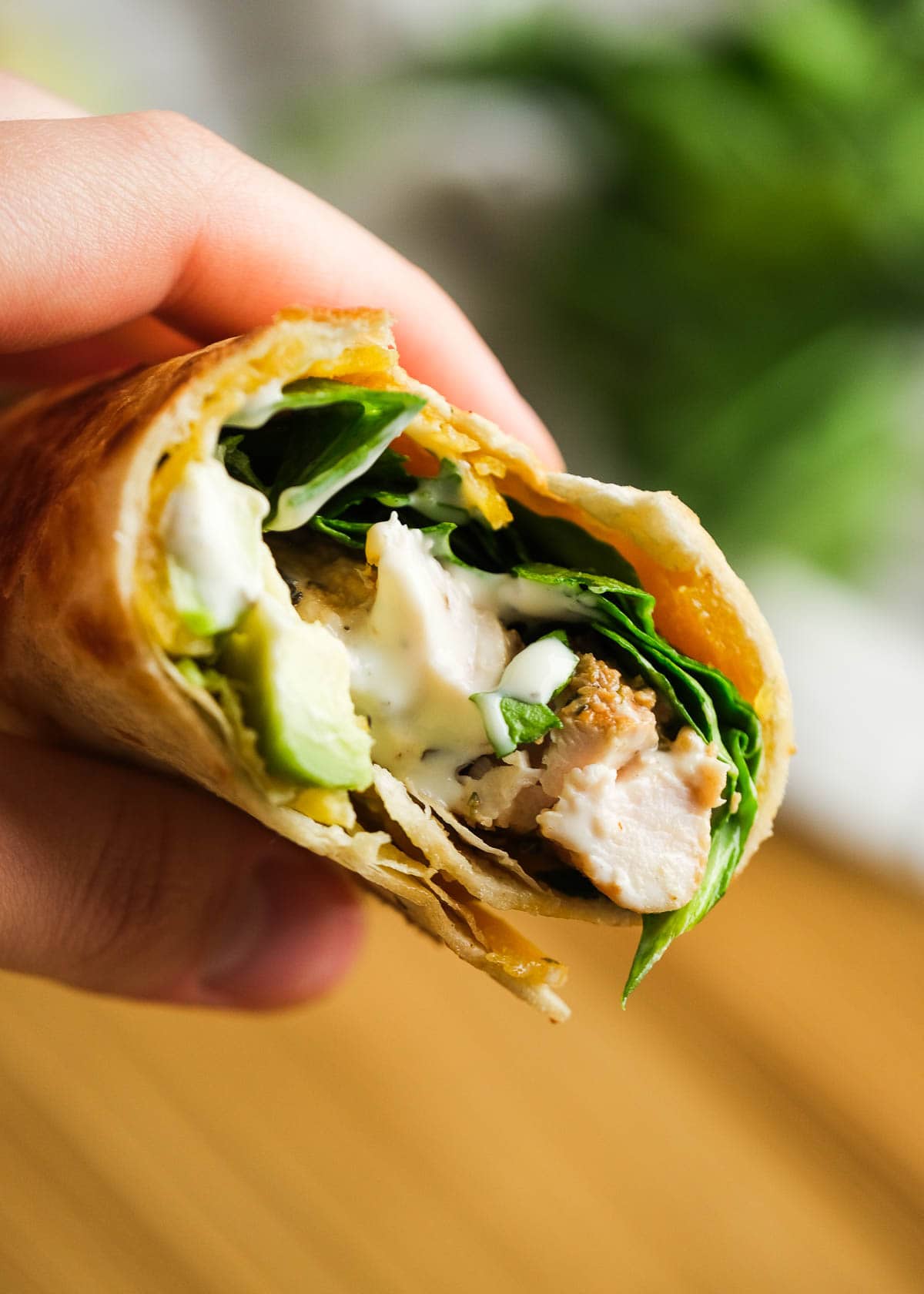 chicken avocado wrap being held in hand with wooden cutting board in background