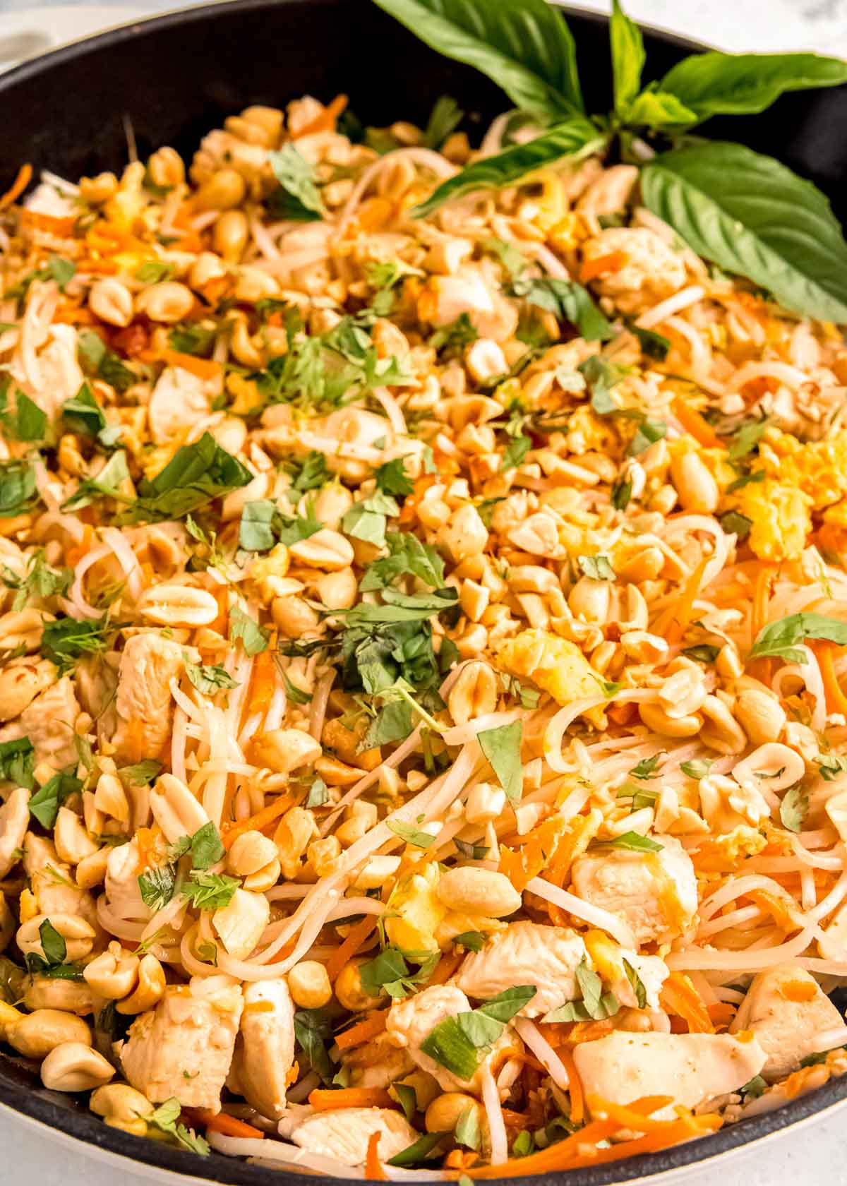 delicious homemade chicken pad thai topped with chopped fresh herbs