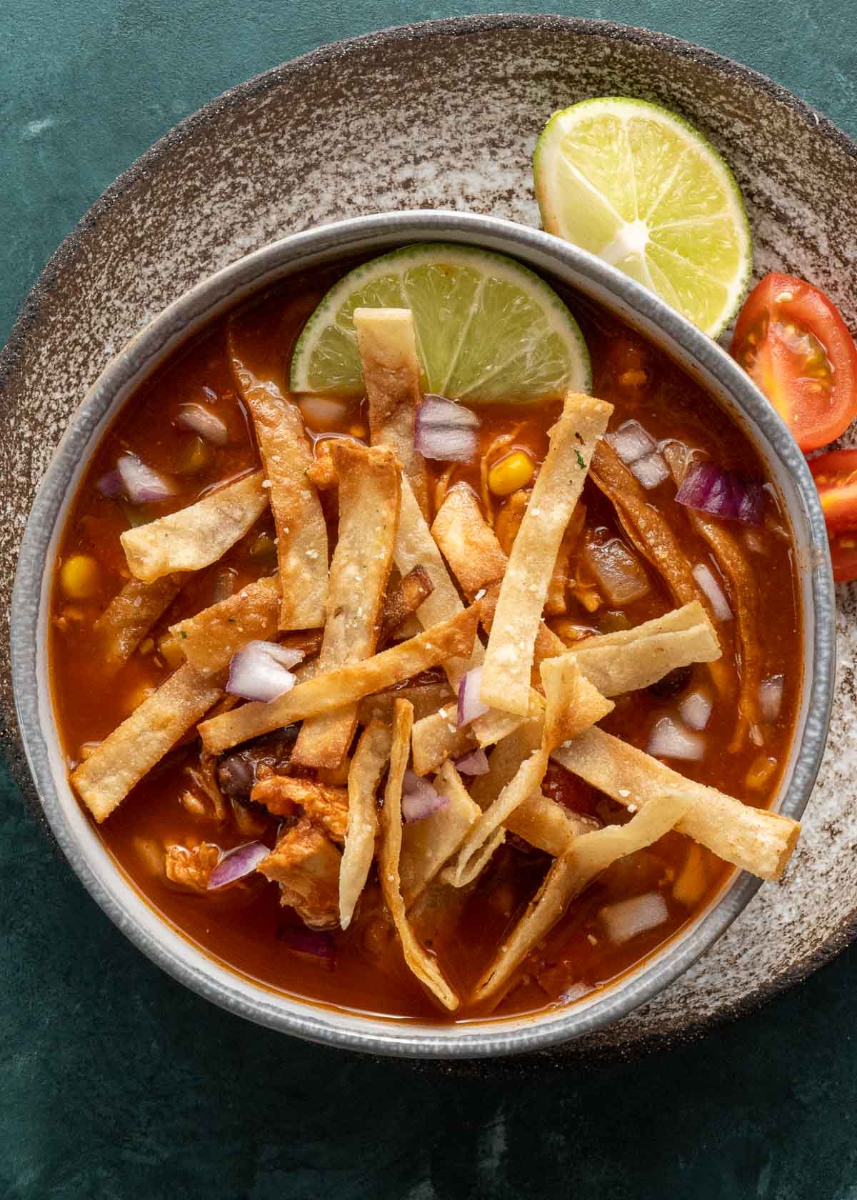 overhead image of chicken tortilla soup in bowl