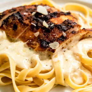 close up image of chicken alfredo