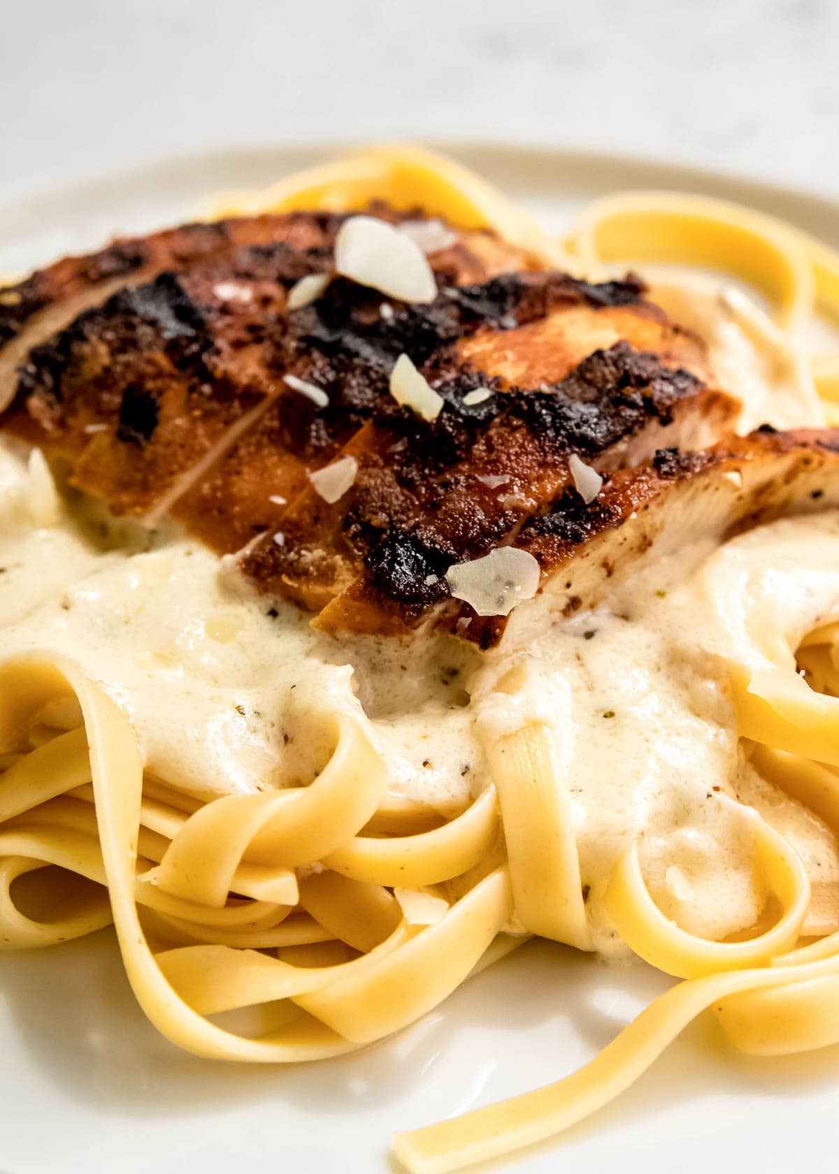 close up image of chicken alfredo