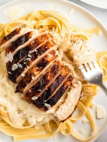 close up, overhead image of chicken alfredo