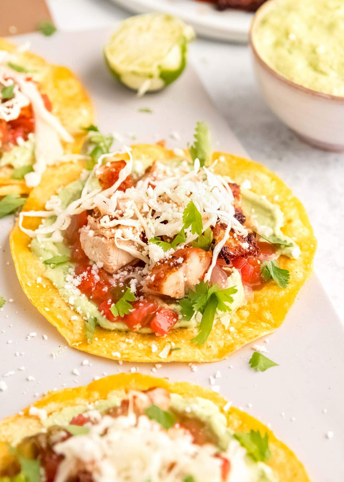 close up image of a grilled chicken taco on white background