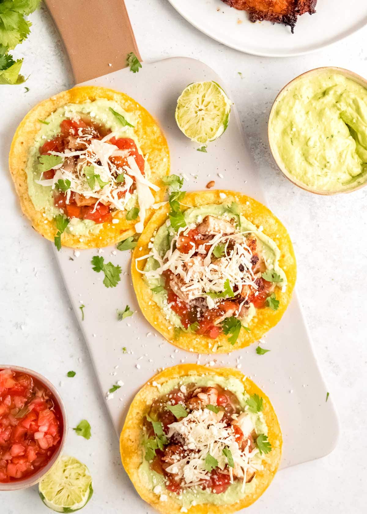 overhead image of three grilled chicken tacos