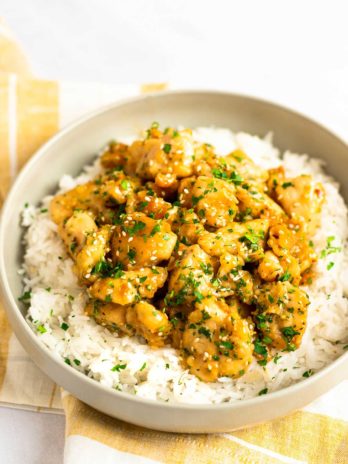 honey garlic chicken and rice on plate