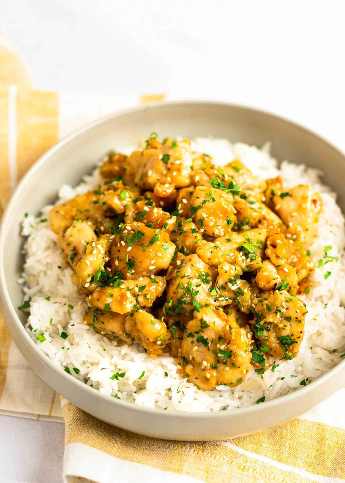 honey garlic chicken and rice on plate