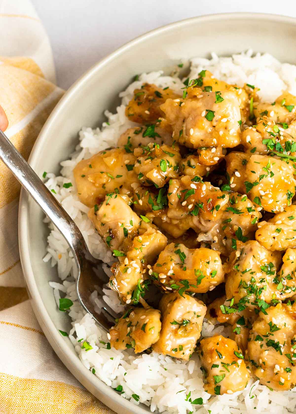 close up, overhead image of honey garlic chicken on white plate