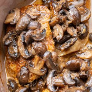 close up overhead image of baked mushroom chicken