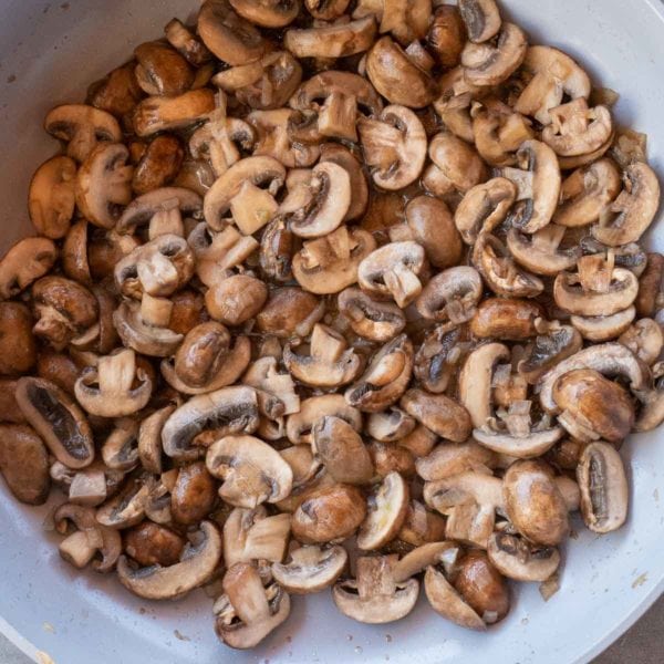 overhead image of mushrooms in a skillet