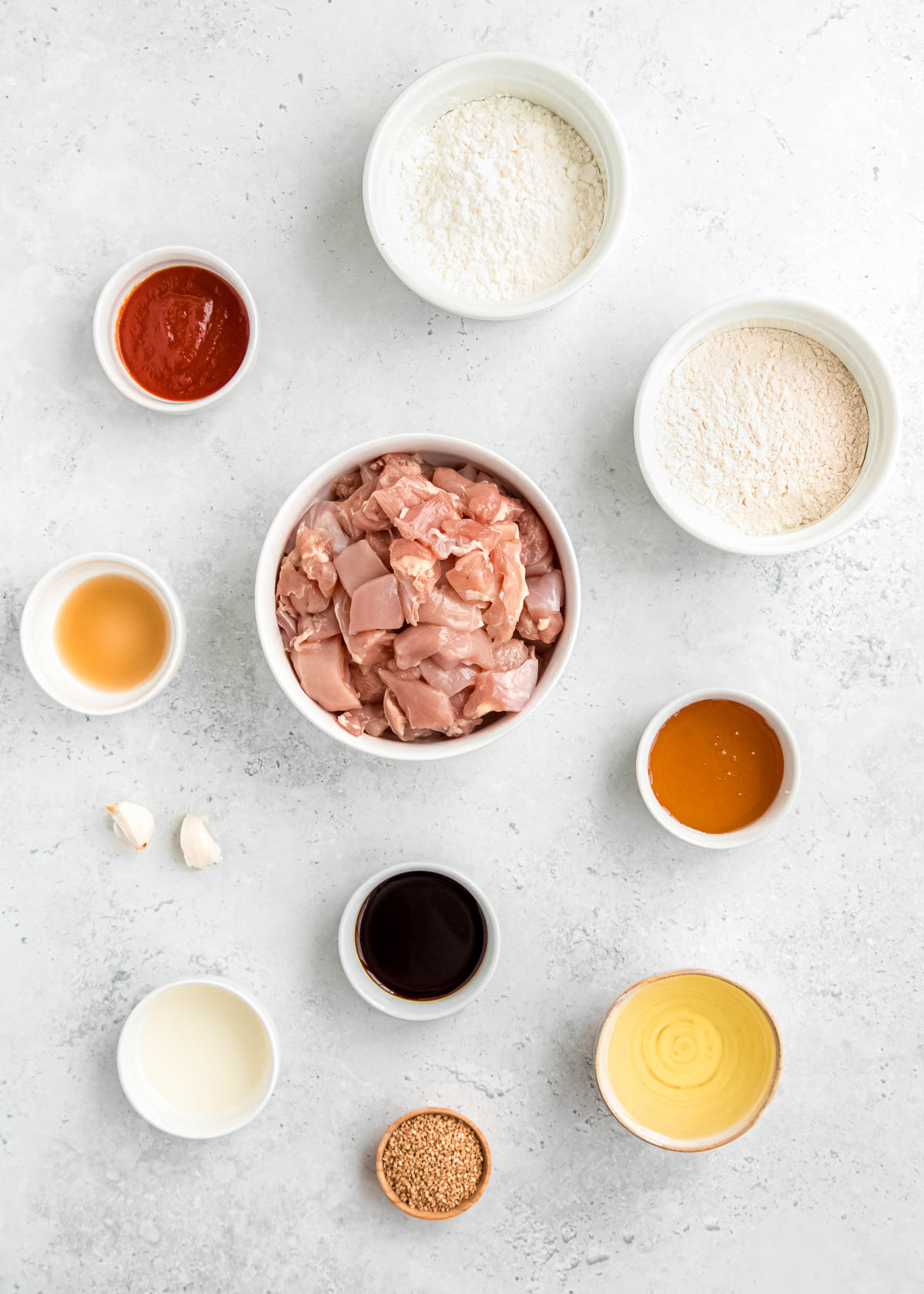 sesame chicken ingredients on a white table 