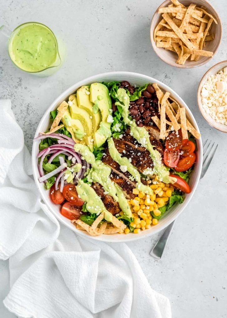 southwest chicken and dressing in a white bowl 