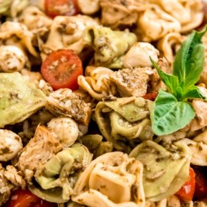 close up image of tortellini pasta salad