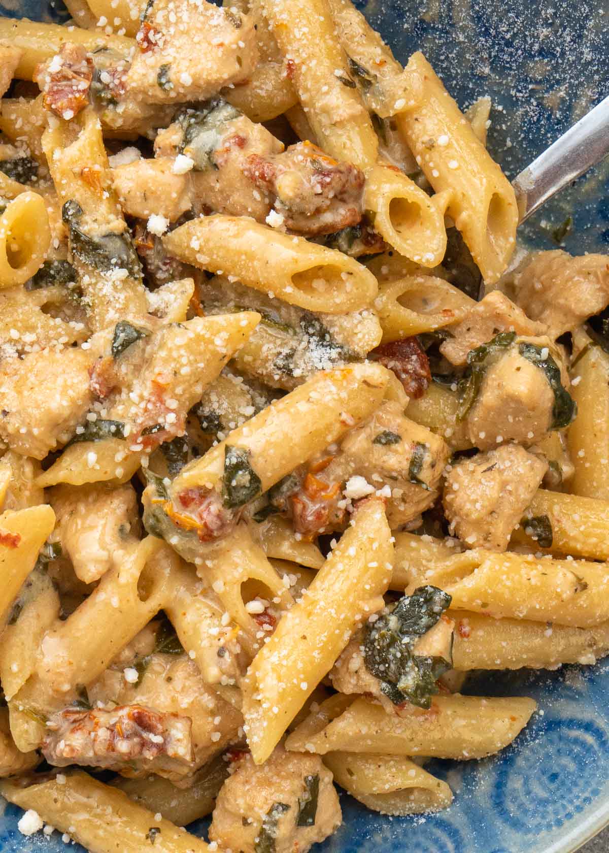 close up image of tuscan chicken pasta