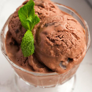 a full glass bowl with chocolate mint ice cream garnished with mint leaves