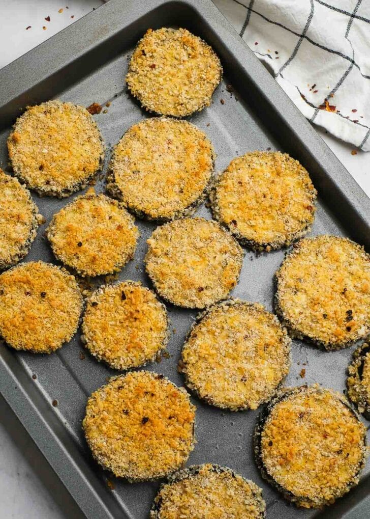 eggplant bites baked to golden brown on one side