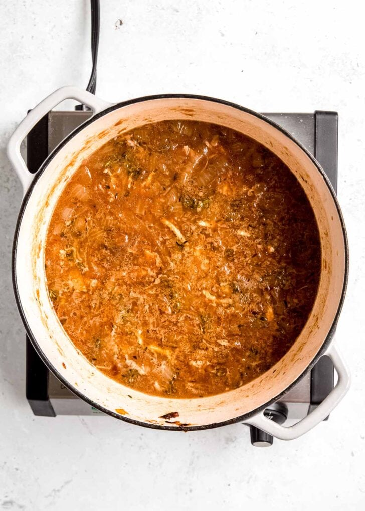 creamy french onion chicken soup thickened in a dutch oven