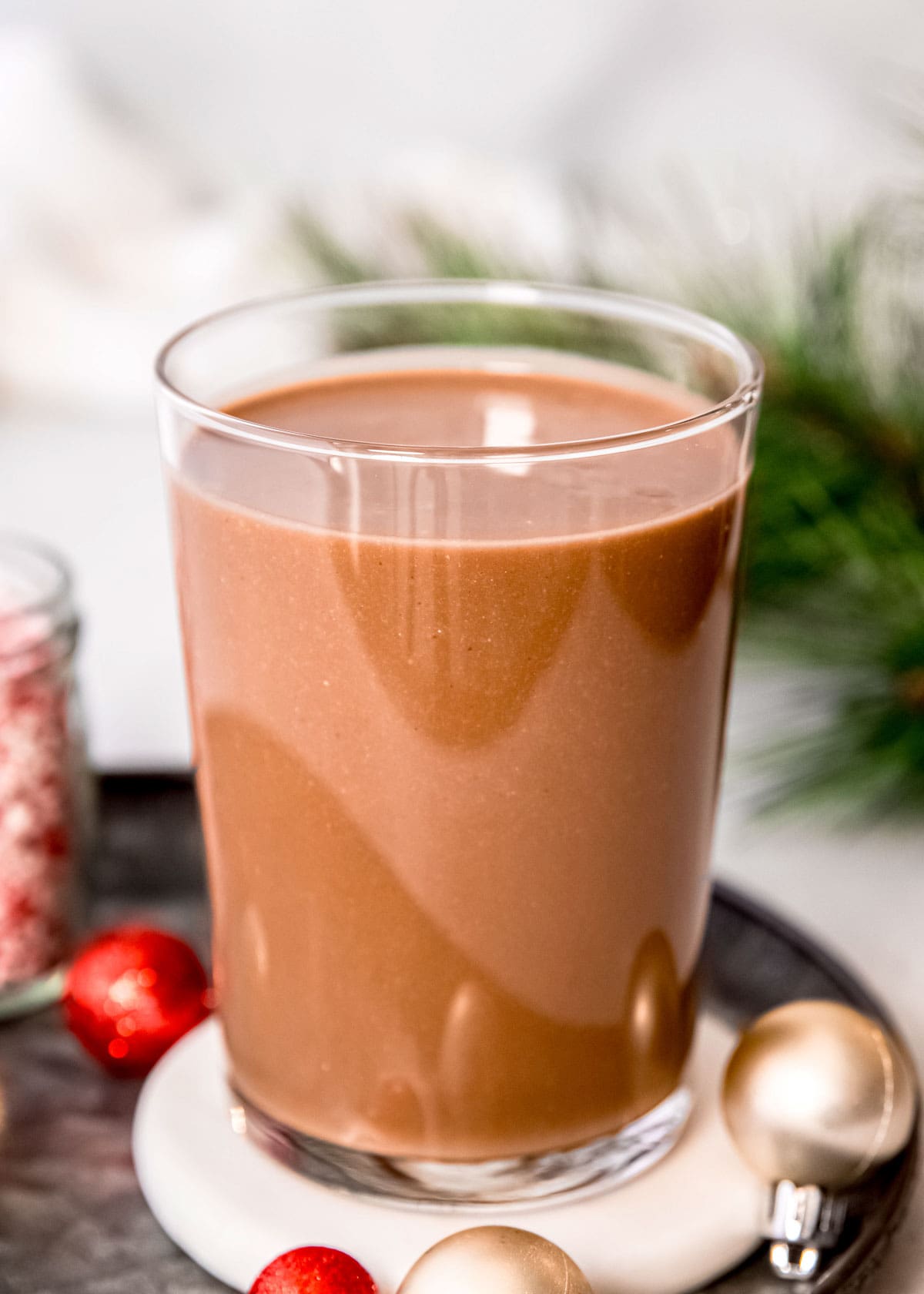 a chocolate coffee protein shake with peppermint flavor for christmas breakfast